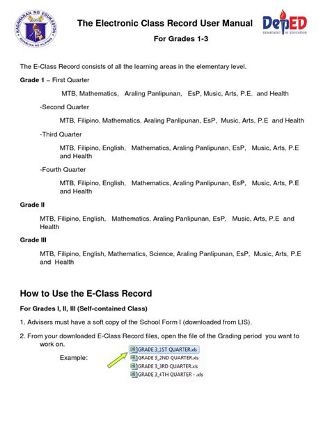The Electronic Class Record User Manual for Grades 1.